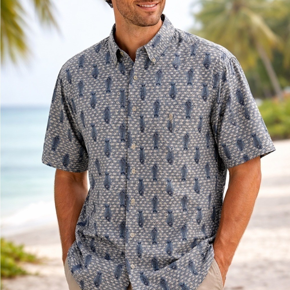 Vintage Columbia Button Up Fish Printed Outdoor Short Sleeve‎